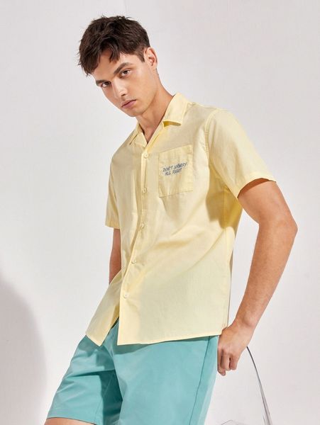 

men lapel neck slogan embroidery pocket patched shirt b7fe#, White;black