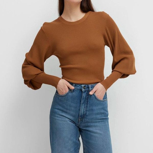 

women's sweaters black vignola knitted round neck long wide sleeves exaggerated cuffs fitted body fashion jumper 2021 woman, White;black