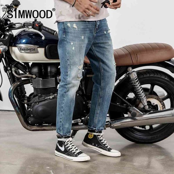 

men's jeans simwood spring men hole ankle-length pants cotton denim trouser male slim fit brand clothing 190023 fttu, Blue