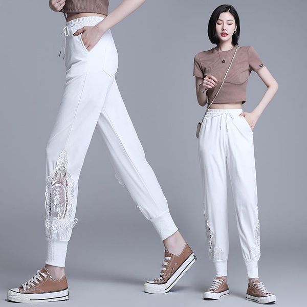

women's pants & capris 2021 summer design sense hollow hook flower loose-fitting meat casual to tie the feet of harun -3xl, Black;white