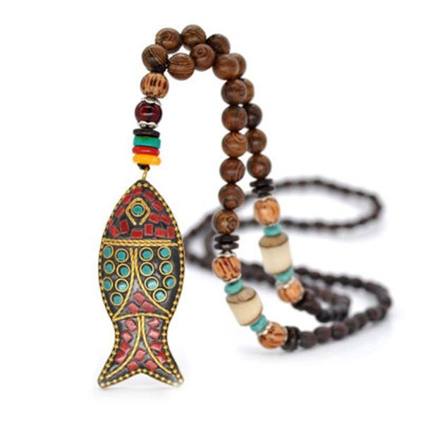 

pendant necklaces 2021 handmade nepal necklace buddhist mala wood beads & ethnic horn fish long statement jewelry women men, Silver