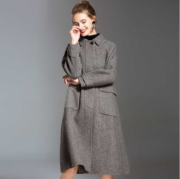

women's trench coats long grey loose winter woman woolen coat cloak shape ladies cashmere outerwear turn down collar singlle breasted o, Tan;black