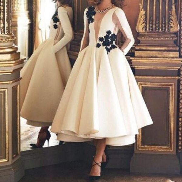 

casual dresses custom made ivory short dress lace full sleeves vestido de festa party gowns pockets a line elegant arabic, Black;gray