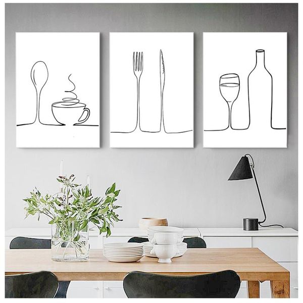 

paintings modular pictures nordic style printed poster line coffee red wine knife and fork wall art canvas painting for kitchen home decor