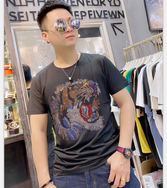 

men's t-shirts breathable cotton 100% t-shirt summer fashion tiger drilling slim short sleeve casual business clothes, White;black