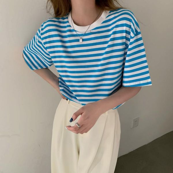 

women's t-shirt zoki loose o neck women t shirt fashion striped summer short sleeve harajuku girls tees designed cotton blue red, White