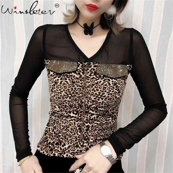 

tee shirt leopard women spring casual long sleeve v neck patchwork fake pockets t t02906b 210421, Black;gray