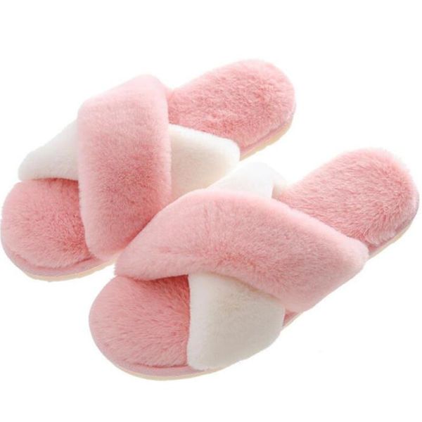 

mixed colors cross plush women slippers winter shoes flat home indoor fur warm soft slip on female slipper sh553, Black
