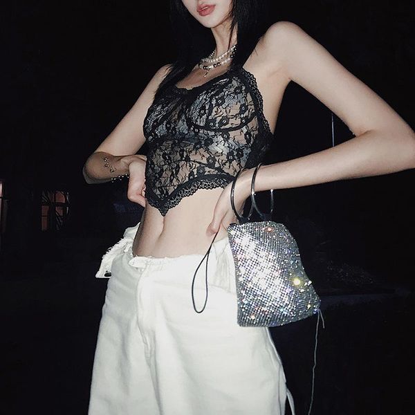

women's tanks & camis see-through lace bodycon spaghetti strap female harajuku irregular street elegant black party club tanktop, White