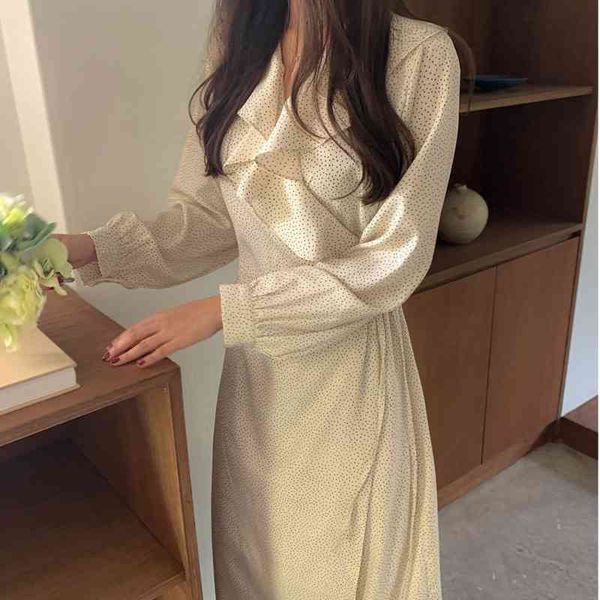 

autumn korean chic streetwear v-neck polka dots chiffon long girls sweet slim women elegance casual party robe oec5, Black;gray