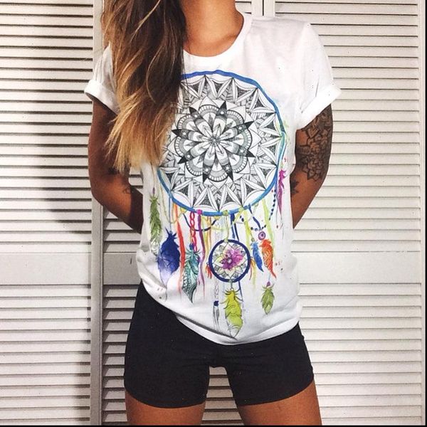 

summer women blouses fashion dreamcatcher printing blouse o neck short sleeve shirt white vintage casual