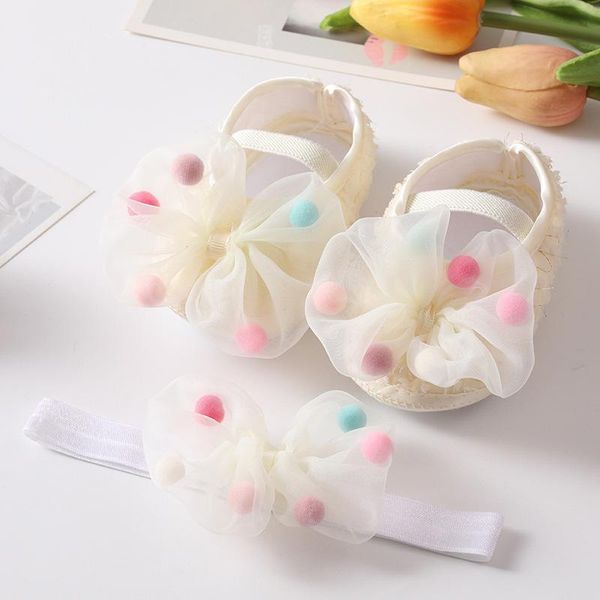 

first walkers 2pcs baby shoes headband set cute bows hairball born girl soft sole non slip infant toddler hairband
