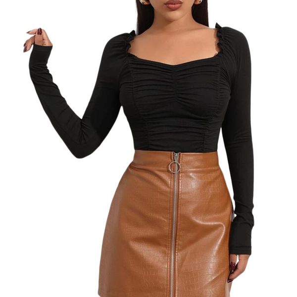 

women's t-shirt casual close-fitting long sleeve solid color frill trim ruched front square neck t-shirts autumn black/ green, White