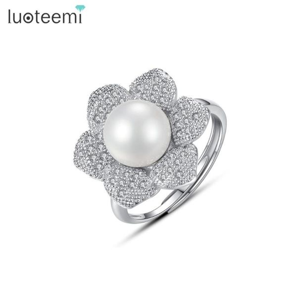 

cluster rings luoteemi arrival adjustable luxury white gold-color single imitation pearl tiny cz flower ring for women wedding jewelry, Golden;silver