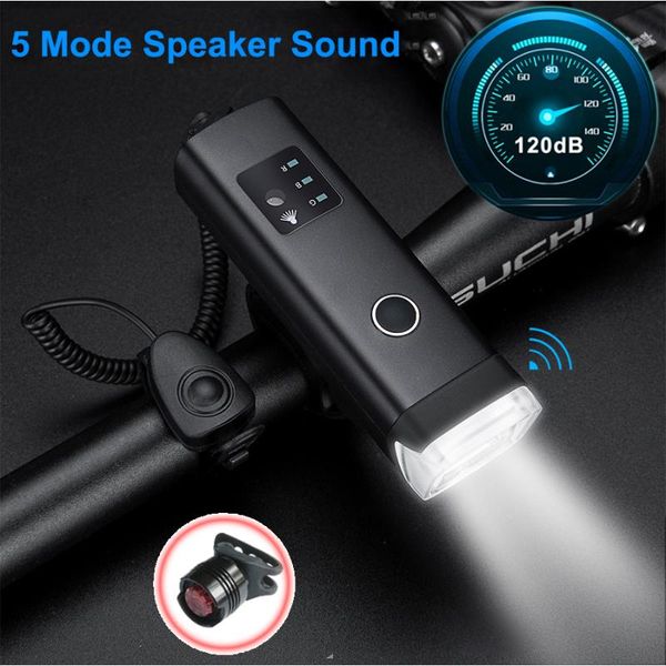 

1200mah bicycle light induction bike front usb rechargeable smart headlight with horn led lamp cycling lights