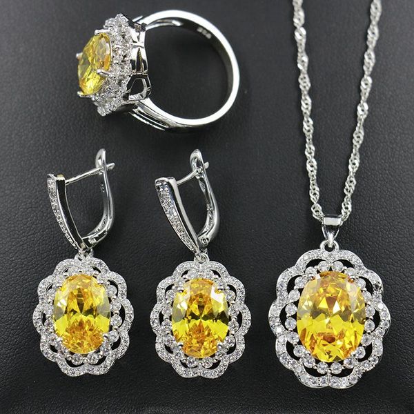 

earrings & necklace european and american earring set lotus shaped bridal jewelry ring three piece, Silver