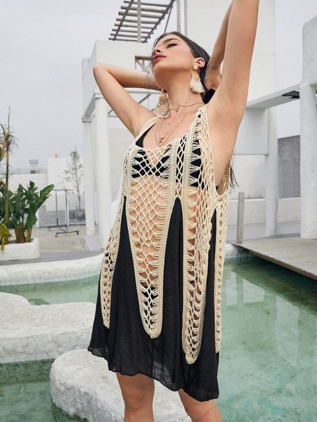 

sheer colorblock crochet cover up without bikini u6hr#, White;black