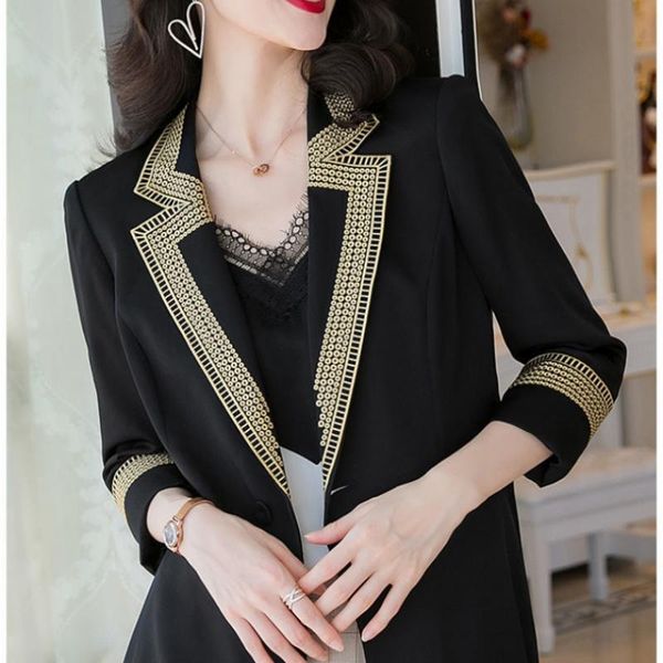 

plus size 4xl women black small suit short female autumn style hollow embroidery long-sleeved casual blazer single button women's suits, White;black