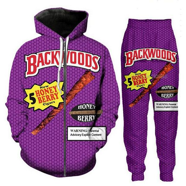 

2021 new fashion men/women backwoods zipper hoodie and pants two-piece fun 3d overall printed tracksuits pj01, Gray