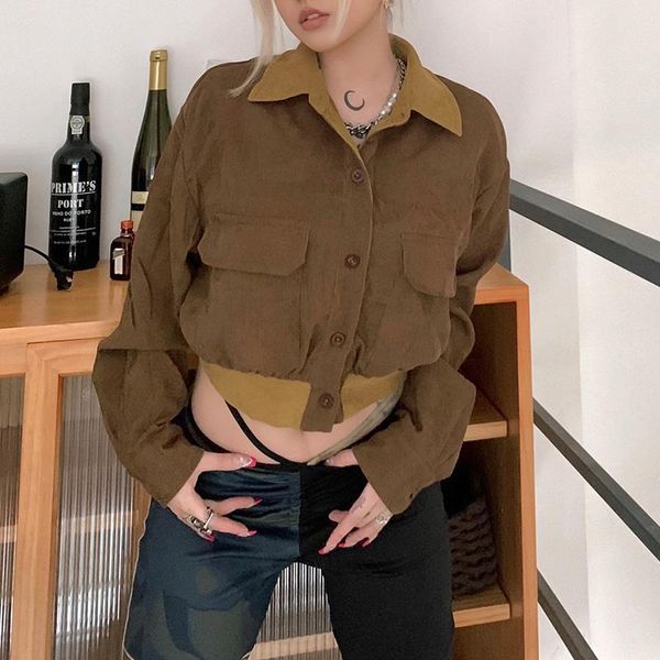 

women's jackets fall retro corduroy jacket contrast color women fashion loose long sleeve y2k cropped vintage brown clothes, Black;brown