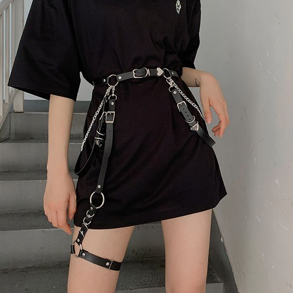 

punk hip hop women belts with chain harajuku pu leather leg belt body waist strap jk dress jeans slim bondage cool waistband, Silver