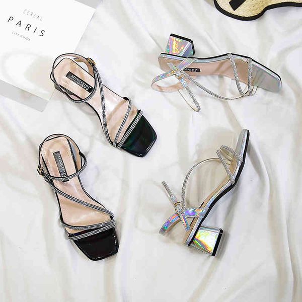 

plus size 41 42 43 summer women sandals square high heel ladies blingbling crystal lace-up elegant beach casual pumps 210520, Black