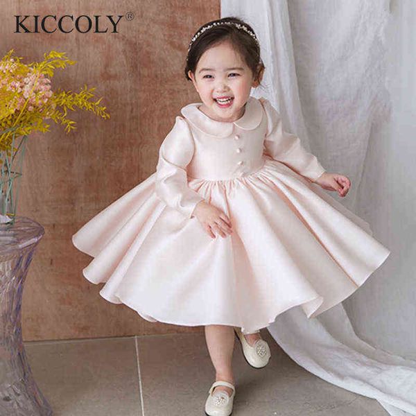 Rosa Tulle Recém-nascido Bebê Meninas Flor Lace Baptism Vestidos Para 1 Ano Primeira Princesa Princesa Manga Longa Batânio Vestido Outfit G1129