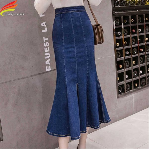 

spring denim mermaid package women skirt long zipper up slim black blue high waist jeans skirts