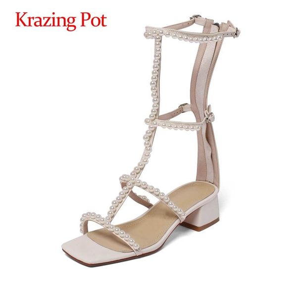 

krazing pot summer peep toe pearl beading med heels high street fashion french romantic young lady energy zipper ankle boots l90, Black