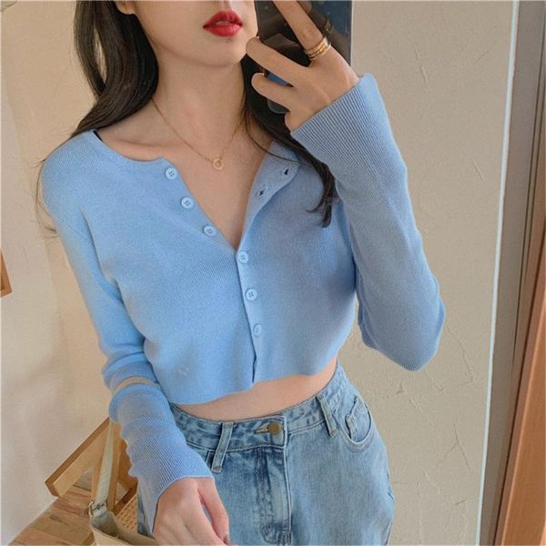 

women's knits & tees spring summer thin knitted cardigan solid color t-shirt trendy casual long sleeve women korean style, White