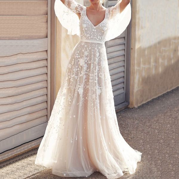 

White Lace Floral Bridesmaid Dress Sexy Illusion V-Neck Backless A-Line Long Party Robe Femme 2021 Autumn Formal Wedding Gown