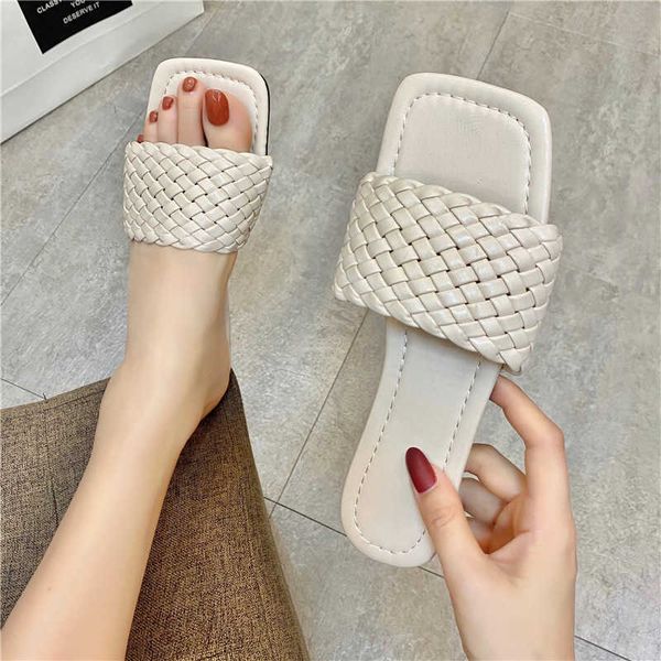 

flat bottom slippers women's knitting summer new fashion square head floor stand wear a word of cool drag and match with korean h0827, Black