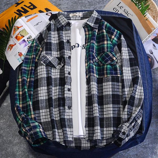 

men's casual shirts patchwork plaid men clothing harajuku style shirt long sleeve korean cardigan vintage, White;black