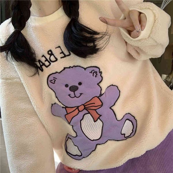 

women's hoodies & sweatshirts outono e inverno cordeiro camisola de veludo feminino urso novo solto preguiÃ§oso em torno do pescoÃ§o blus, Black