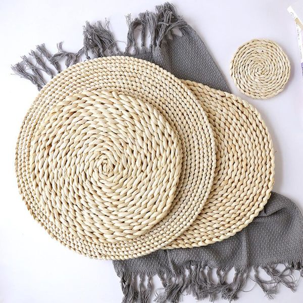 

mats & pads 1pc round rattan placemats natural straw woven dining table heat insulation pot holder cup coasters kitchen accessories