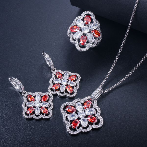 

dubai style muliticolor zircon & crystal 925 silver jewelry set for women drop earrings ring necklace set prom wedding dress jewelry, Slivery;golden