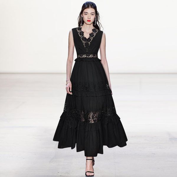 

casual dresses runway black hollow out lace v-neck sleeveless long dress women's 210428mz02, Black;gray