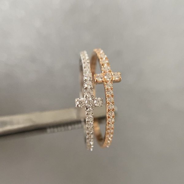 

design jewelry full diamond ring 925 sterling silver plated 18k rose gold fine set diamond cross ring