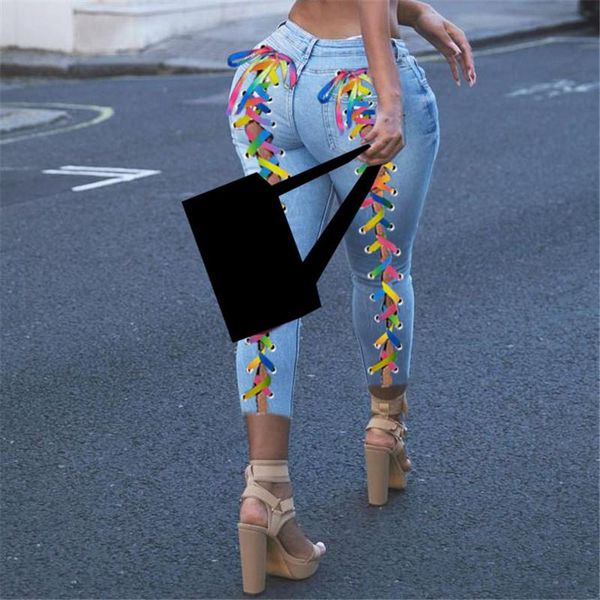 

women's jeans women rainbow colour plus size xl-5xl criss-cross lace up hole sheath elastic high waist long pencil denim pants bandage, Blue