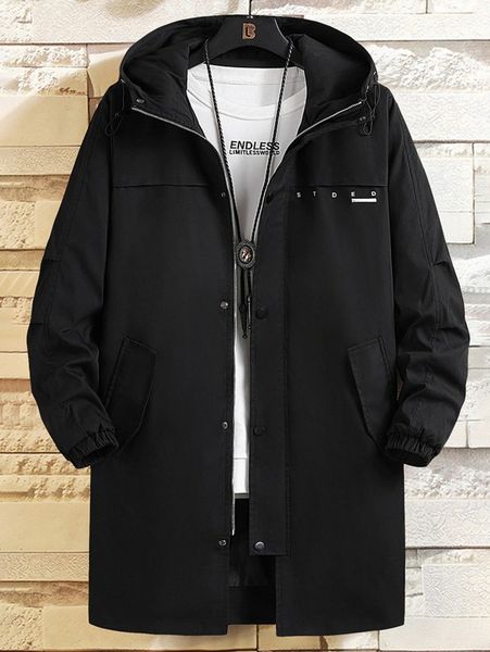 

men slogan & geo print drawstring hooded coat without tee i5fx#, Black;brown