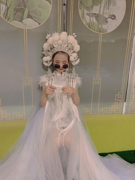 

stingy brim hats children's xiaohuadan seven star fengguan guochao stage performance hat mulan mu guiying headdress for children, Blue;gray