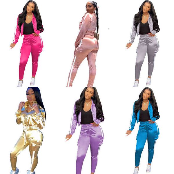 

women's two piece pants women trackuits sports suit long sleeve luminous strip splicing leisure 2022 arrivals pjpe, White