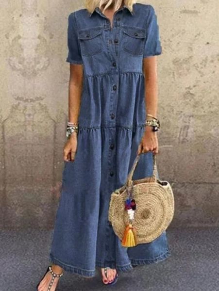 

denim casual dresses y2057# long multi button dress, Black;gray