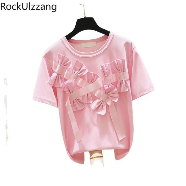 

women's t-shirt pink white black solid patchwork bow short sleeve cotton fashion women t shirt summer korean cute kawaii casual plus te