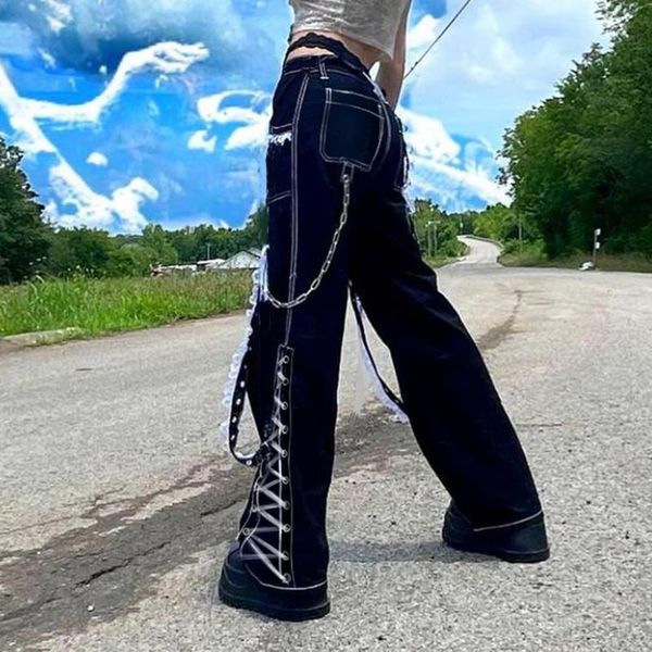 

women's jeans indie aesthetics low waist flare pants e girl style vintage y2k autumn 90s fashion outfits casual black long trousers, Blue
