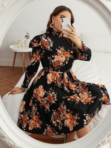 

plus floral print shirred ruffle hem belted dress q2s9#, Black