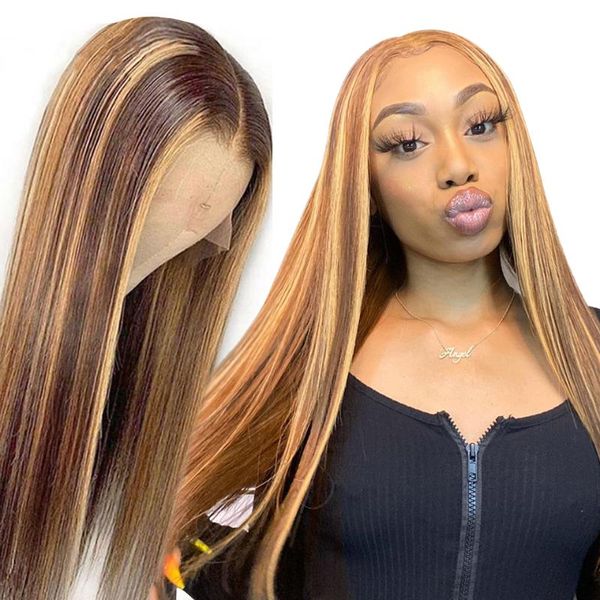 

lace wigs human hair #4/27 color highlight straight 150% density 13x4 front pre plucked ombre remy wig for black women, Black;brown