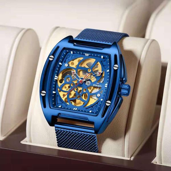 

wristwatches men's fully automatic mechanical watch, european and american style wine barrel shape all metal watch chain. hollow out mo, Slivery;brown