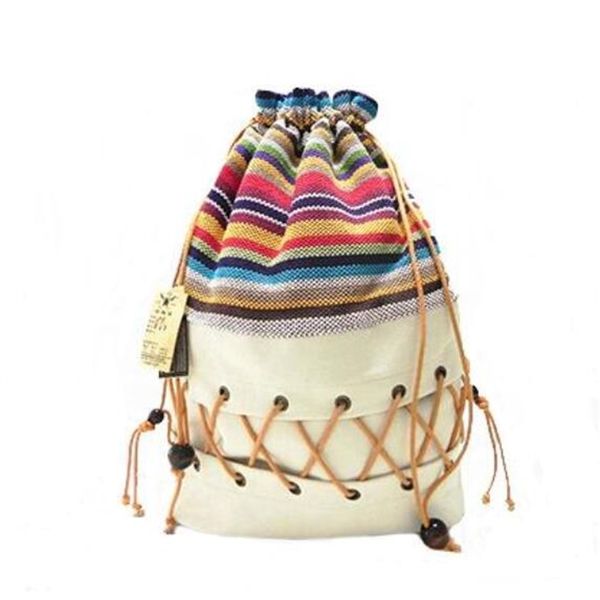 Original Ethnische Leinwand Sack Pack Dame Baumwolle Gedruckt Bunte Rucksack Teenager Stroh String Follow Out Streifen Tasche Q0528