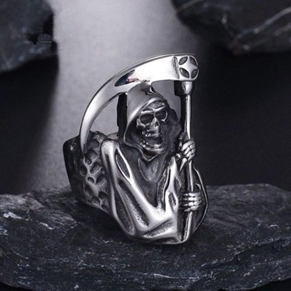 

cluster rings vintage ring death scythe aggressive skull male jewelry punk hip hop muerte fashion father's day gift party band, Golden;silver